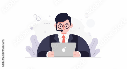 Professional man in suit with headset and laptop, surrounded by abstract shapes