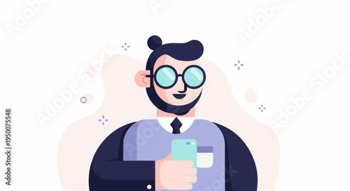 Smiling man with glasses holding a smartphone, dressed in suit