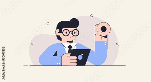 Person with glasses and suit holding tablet and donut