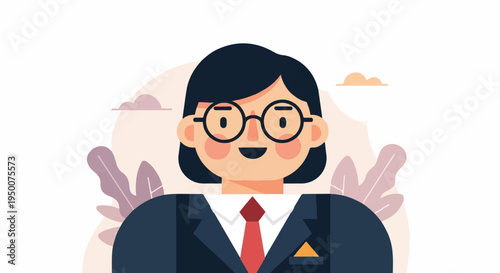 Person with glasses and suit, illustrated with clouds and plants