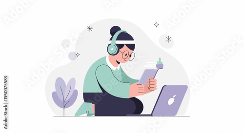 Person with headphones and glasses using tablet with laptop beside them