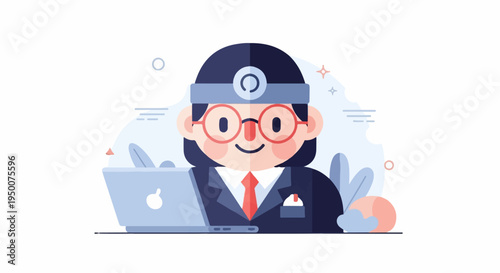 Smiling medical professional wearing glasses and head mirror at laptop