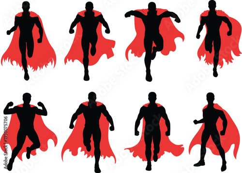 Superhero silhouettes collection, red cape figures, dynamic running poses, powerful standing stances, comic book inspiration, heroic character silhouettes, black figures