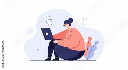 Person wearing glasses and an orange shirt, sits using a laptop