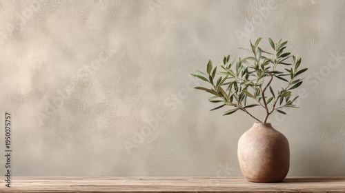 A minimalist interior featuring a wall with a raw clay plaster texture in soft Sage Green color. 