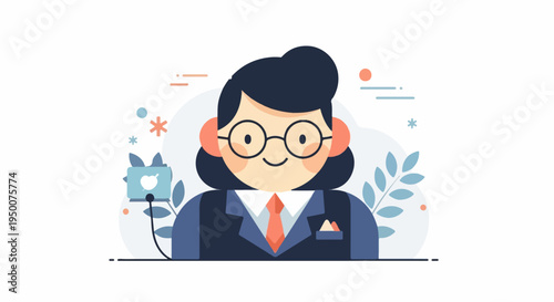 Smiling person in formal attire with stylized plant and tech accessory