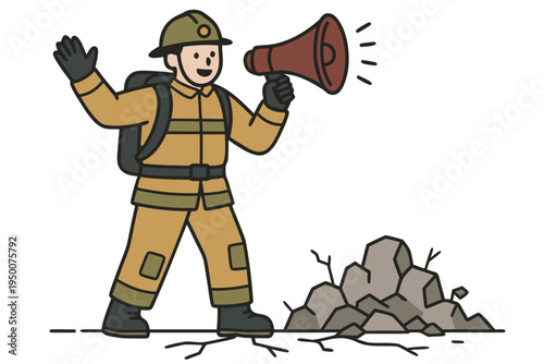 A brave firefighter in uniform uses a megaphone to communicate amidst rubble, suggesting emergency response, safety, or public announcement. Ideal for safety campaigns and disaster relief.
