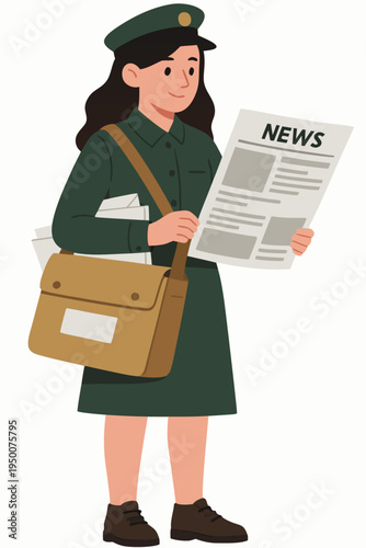A smiling retro mail carrier in uniform, holding and reading a newspaper, with a messenger bag. Ideal for themes of communication, news, and historical service.