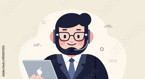 Smiling person in headset and suit holding a tablet, flat graphic