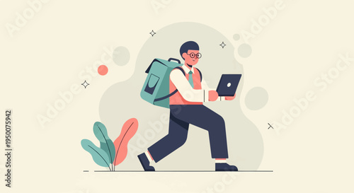 Person with backpack and laptop walking, stylized plants in background