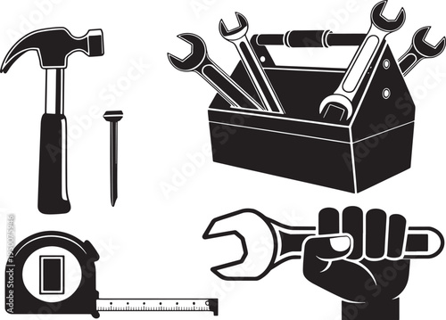 Black silhouette of a toolbox with wrenches hammer nail and measuring tape held by a hand