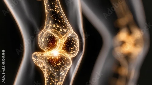 Glowing Knee Joint Illustration: A detailed illustration of the human knee joint, illuminated with a vibrant, ethereal glow, highlighting its intricate structure and internal components.