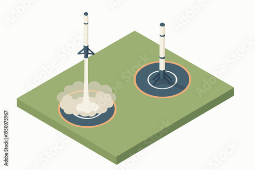 Two rockets are depicted on a grassy launchpad, one in mid-launch with smoke and the other stationary. Ideal for concepts of space exploration, technology, and business growth.