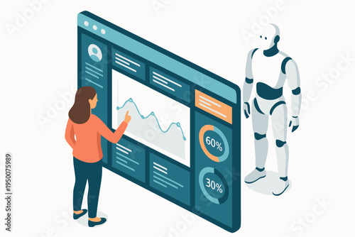 A person uses a futuristic interface displaying charts and analytics, with a modern robot AI nearby. Ideal for technology, business, and data science concepts.