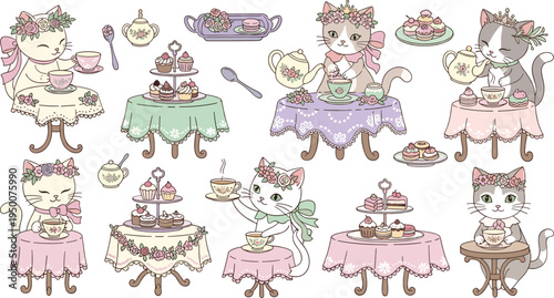 Cute Cat Tea Party Set with Teacups Cakes Desserts Floral Vintage Cartoon Kitty Vector Illustration
