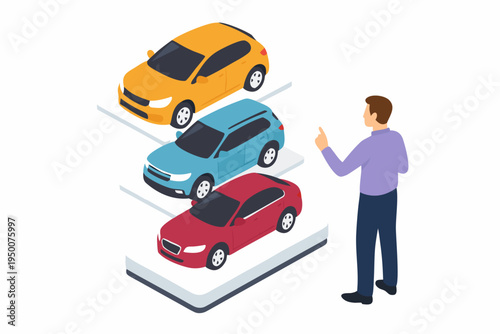 A man is shown choosing from three different car models in an automotive showroom. This flat design illustration is ideal for car sales, lifestyle, or consumer choice concepts.
