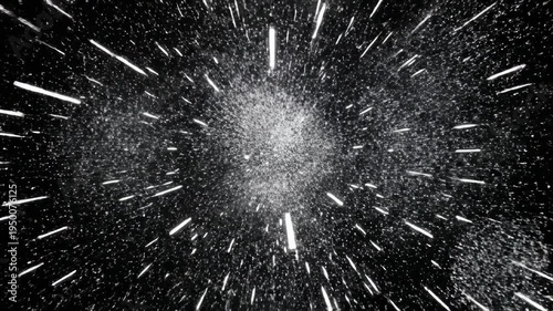 Digital glitch explosion composed of fragmented white light shards and granular noise textures colliding in a minimalist black void, aggressive luminance bloom with brief overexposed frames, erratic