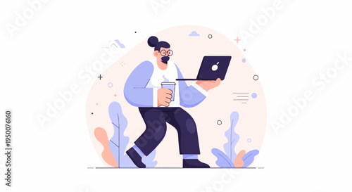 Person with laptop and coffee walking amidst abstract plants