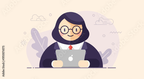 Smiling person in suit and hijab working on laptop, abstract background