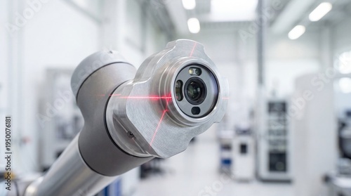 Close-up of a robotic arm with a camera lens and laser guidance system in a modern industrial facility, showcasing advanced technology and precision engineering
