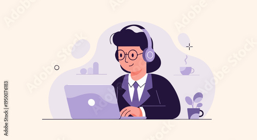 Professional wearing headphones & glasses works on laptop, desk plant
