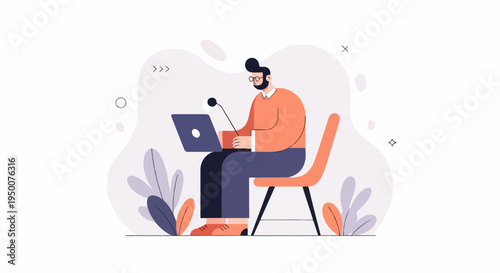 Person working on laptop at a desk with abstract background and plants