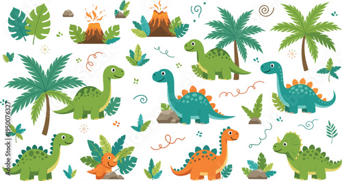 Cute Dinosaur Jungle Set with Volcano Palm Trees Prehistoric Cartoon Dino Characters Tropical Vector Illustration Collection