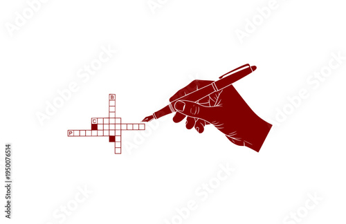 Hand with Fountain Pen and Crossword Puzzle Silhouette, Poetcore Aesthetic Vector Sticker, Analog Hobby and Mental Wellness Illustration