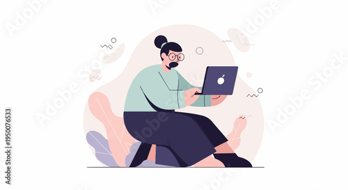 Person working on laptop, surrounded by abstract shapes and plants