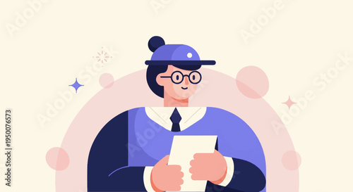 Stylized character in a hat and glasses holds a document