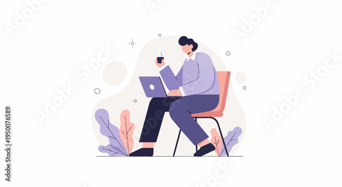 Person working on laptop while holding a cup of coffee, surrounded by leaves