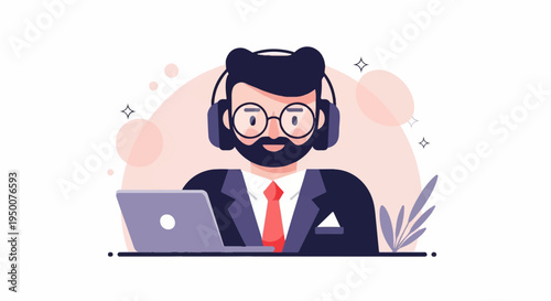 Person with headphones and laptop, smiling, wearing a suit and tie