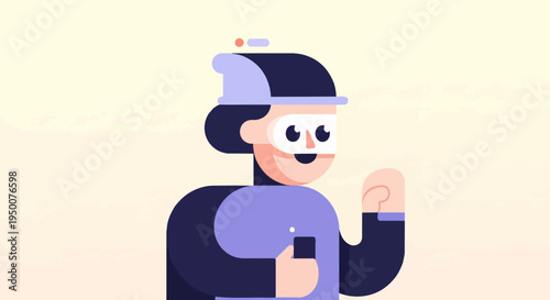 Stylized character in a hat and goggles holds a phone and smiles