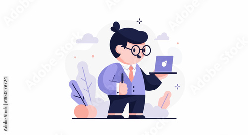 Stylized character in business attire holds a laptop and pen, surrounded by abstract plants and clouds