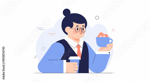 Person wearing glasses holding a blue cup and a coffee cup, abstract background