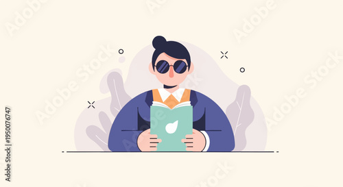 Person with glasses reading a book with abstract shapes and plants