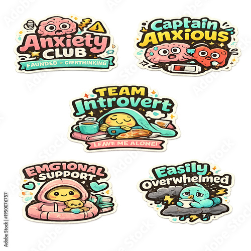 anxiety and introversion sticker collection, introvert mood sticker set, social anxiety doodle illustrations, cute anxious character stickers, mental health awareness sticker pack, shy introvert carto