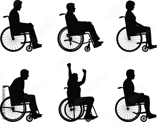 Wheelchair silhouettes collection, diverse seated poses, disability representation figures, inclusive design silhouettes, celebratory gesture inspiration, black silhouettes, accessibility illustration