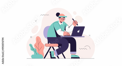 Person working on laptop with pen, styled illustration