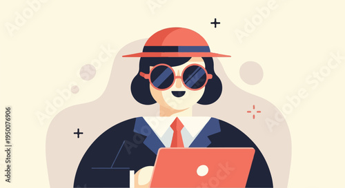 Stylized character in hat and sunglasses using laptop