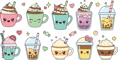 Cute Kawaii Coffee Drinks and Bubble Tea Cups Set with Sweet Desserts Cartoon Beverage Vector Illustration