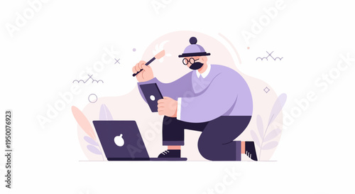 Person works on tablet and laptop, with brush