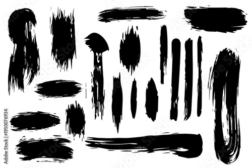 Set with black blots. Ink blot, stain spreads, ink smear. Drops. Doodle. Abstract drawing. Flat vector design.