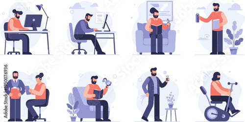 Scenes depicting diverse daily activities and work-related tasks of individuals