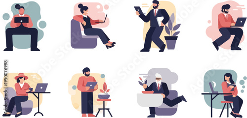 Stylized diverse individuals working remotely or in offices with technology