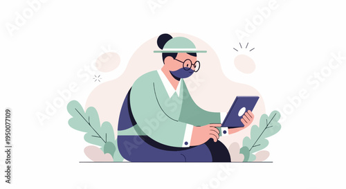 Person wearing hat and mask, using a tablet computer while sitting down