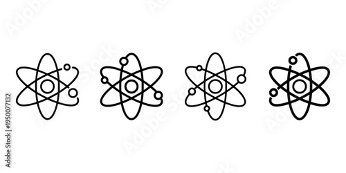 Scientific atom model icons set showing nucleus and orbiting electrons representing physics chemistry nuclear energy education laboratory and research study