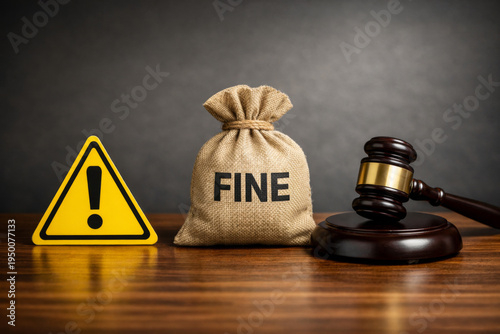Legal fine warning with money bag and gavel