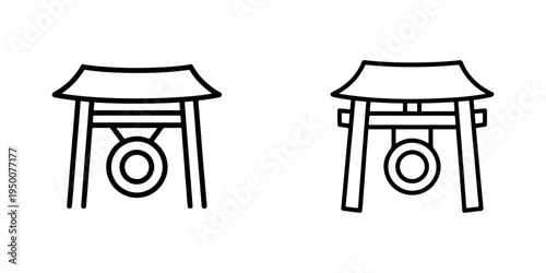 Traditional gong and shrine gate icon vector set representing oriental culture with sacred architectural elements and musical instruments in line style