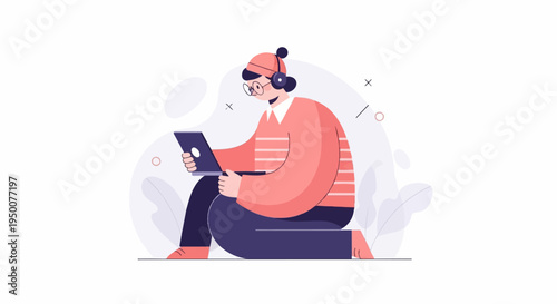 Person wearing headphones and a hat, using a laptop